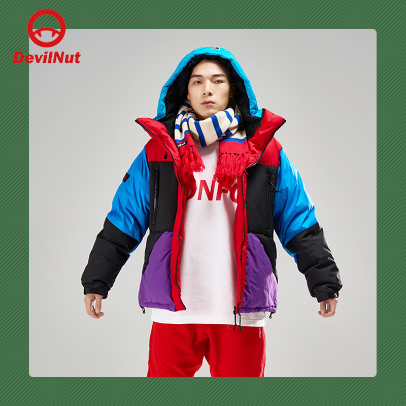 DEVIL NUT潮牌恶魔男士保暖保暖面包羽绒服撞色拼接外套-BH AET