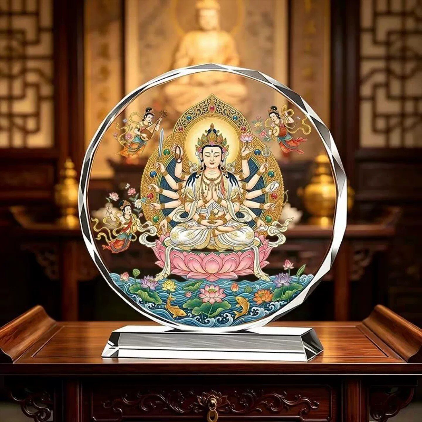 准提菩萨藏传佛母佛陀画像水晶摆台桌面装饰摆件创意家居来图定制