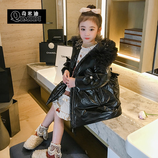 奇米迪女童亮面三防免洗羽绒服黑色洋气冬装 潮 儿童保暖中长款