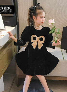 奇米迪女童洋气童装连衣裙黑色2023秋装新款儿童蝴蝶机连衣裙韩版