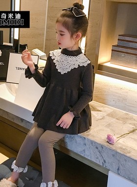 奇米迪女童半高领打底毛衣2023冬装新款儿童黑色打底衫女孩打底裙