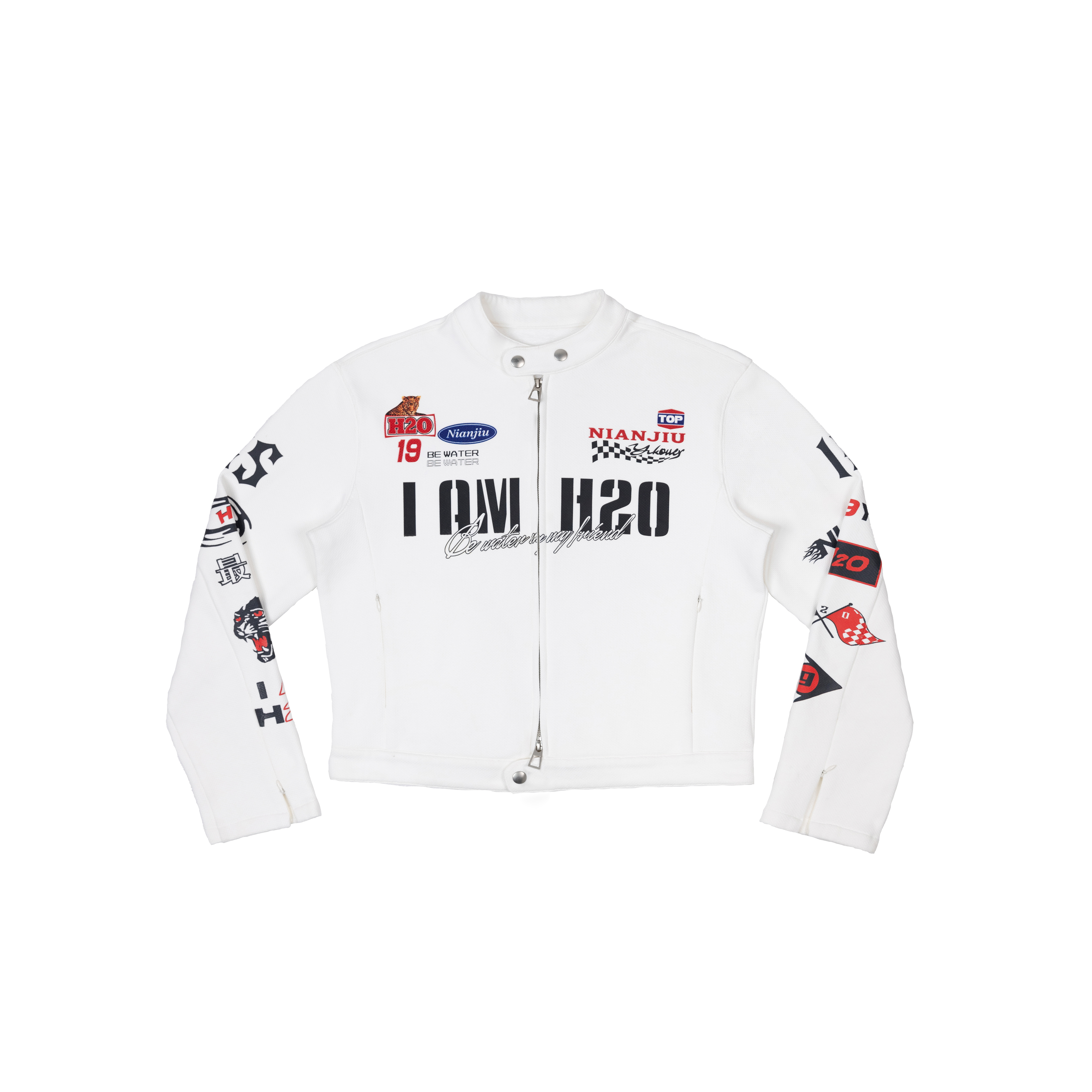 [新品]年九一口贰 I AM H2O印花针织赛车服短款修身夹克机车外套