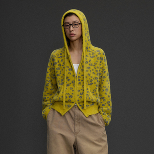 外套针织帽衫 毛衣短款 黄色绒感豹纹提花波点拉链开衫 年九一口贰