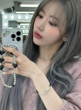 MLGM新款ins风钢珠黑色爱心串珠手机链挂配饰ccd相机配饰手腕高级
