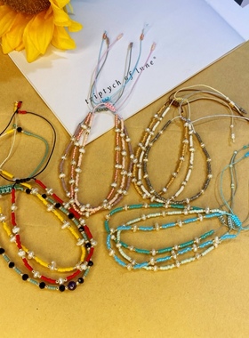 MLGM 小众设计玻璃米珠天然淡水珍珠手串 学生个性ins风小手链女