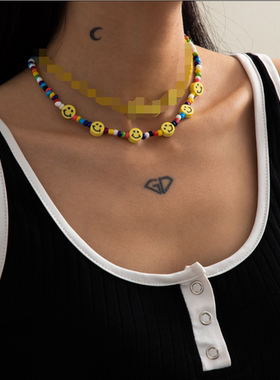 波西米亚风玻璃珠黑白ins锁骨链