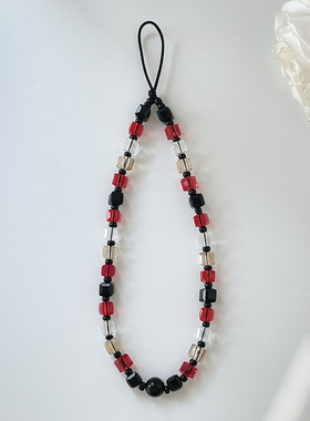 MLGM新款红黑金方糖水晶手机链条手腕绳彩珠短链女挂绳手机链挂件