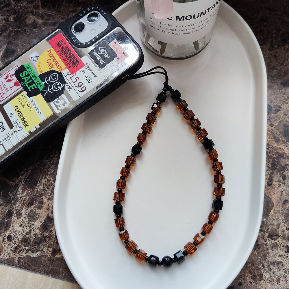 MLGM新款小众ins风黑咖方块水晶手机链手腕短款复古串珠挂绳通用