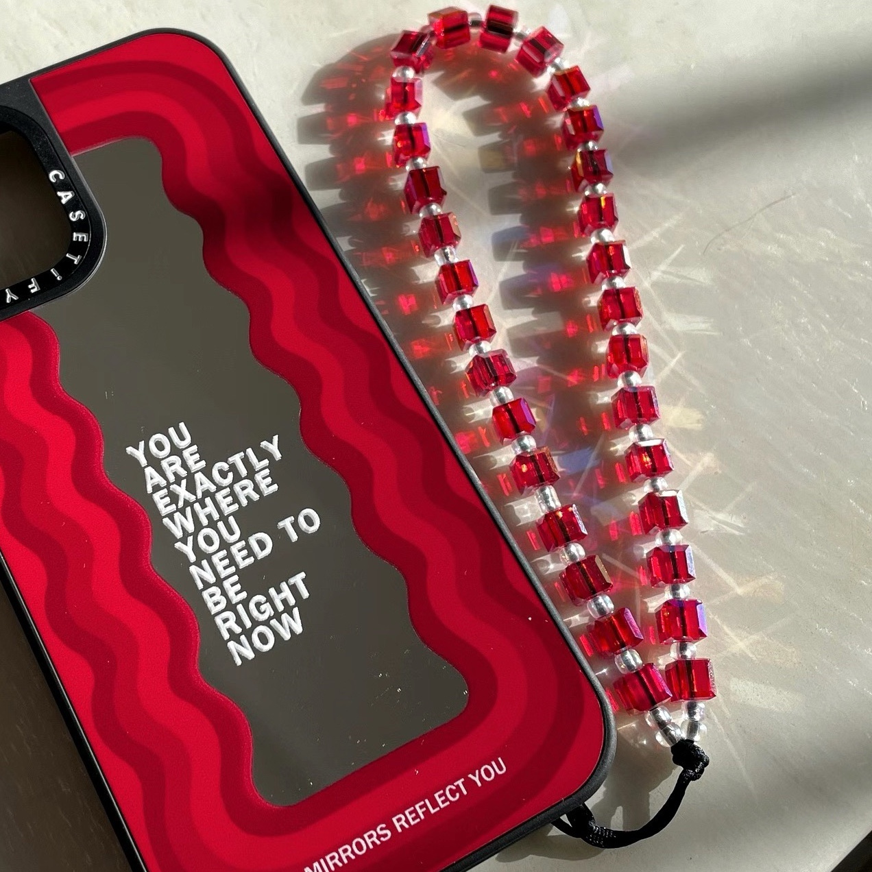 MLGM新款中国红方糖水晶手机链 喜庆色红火大红色防丢手机绳挂件