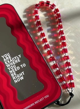 MLGM新款中国红方糖水晶手机链 喜庆色红火大红色防丢手机绳挂件