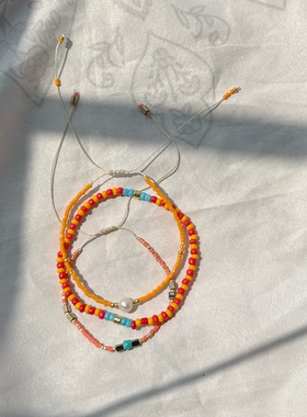 MLGM波西米亚民族风橙色系手链  珍珠MIYUKI极细手绳手腕叠戴手串