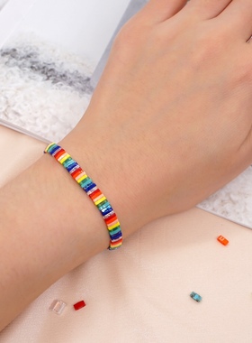 简约春夏款波西米亚风彩虹间色tila珠串珠的春天小手链女