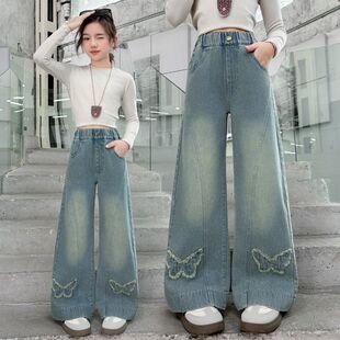 26新款中大童女童牛仔阔腿裤高腰宽松蝴蝶刺绣长裤休闲风