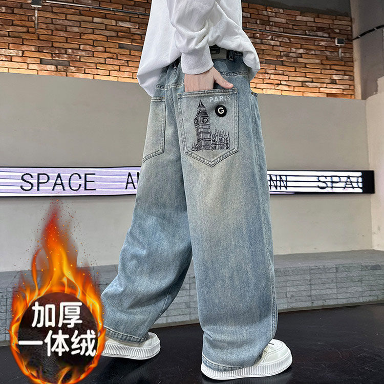男童牛仔裤春款潮帅气时髦2025新款炸街中大童男孩加绒冬裤子长裤