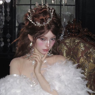 古银色复古巴洛克皇冠新娘头饰女十八岁生日发箍婚纱羽毛披肩道具