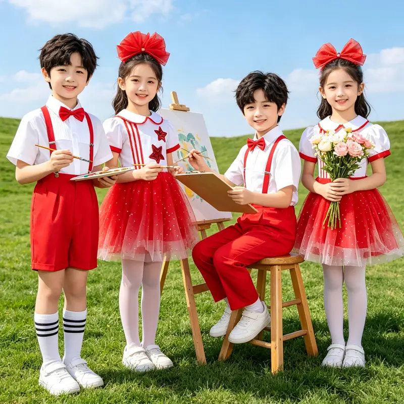 2026新款六一儿童合唱演出服小男女童红色纱裙幼儿园表演
