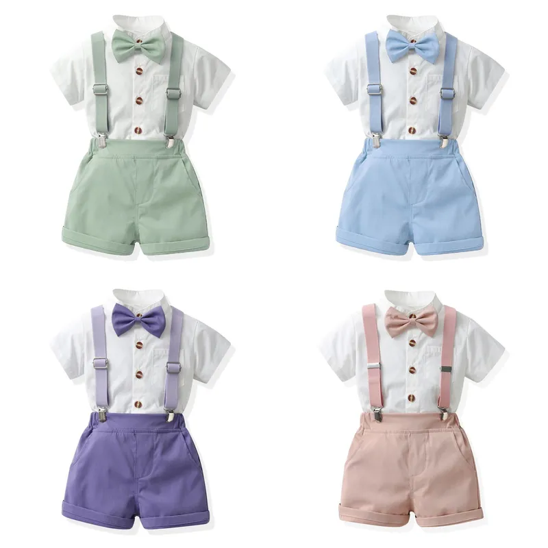 夏季男童主持人服装幼儿园毕业照表演服英伦短袖开衫糖果色背带裤