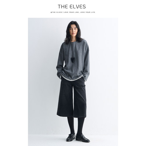 THE ELVES｜初秋做旧水洗松弛宽松四面弹高腰七分直筒牛仔裤女A61
