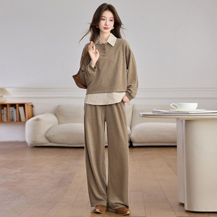 时尚套装2026春季新款条纹衬衫背心+长袖T恤+长裤三件套裤SW1886