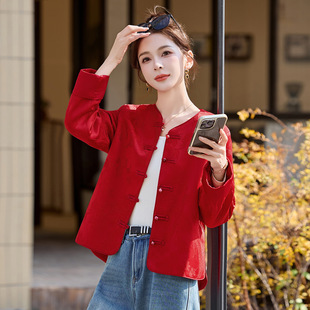 中国风红色圆领外套开衫 女装 MC8081 缎面提花高级感新中式 2026春款