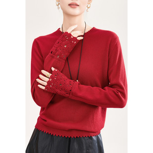 2601209-超细山羊绒羊毛纱线手工镂空钩花芽边圆领针织衫上装南油