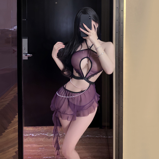 风情万种 性感挂脖镂空透视连衣裙纯欲不规则旗袍珠链睡衣趣味女