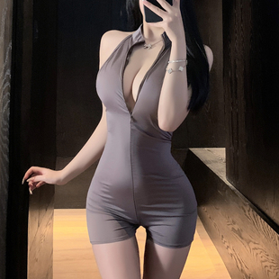 性感冰丝深V丝滑连体衣双开拉链瑜伽运动开档制服qqny女 私人瑜伽