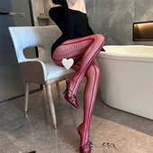 竖纹个性 ins博主同款 美式 新款 辣妹红色蕾丝渔网性感美腿连裤 袜女