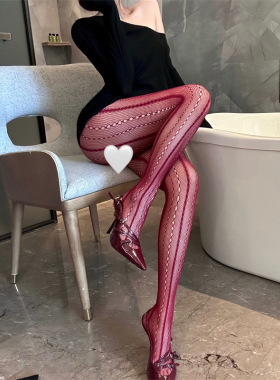 新款竖纹个性ins博主同款美式辣妹红色蕾丝渔网性感美腿连裤袜女