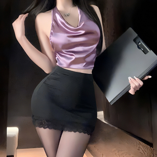 禁欲系御姐荡领紫色挂脖吊带OL秘书装性感韵味包臀裙气质纯欲制服