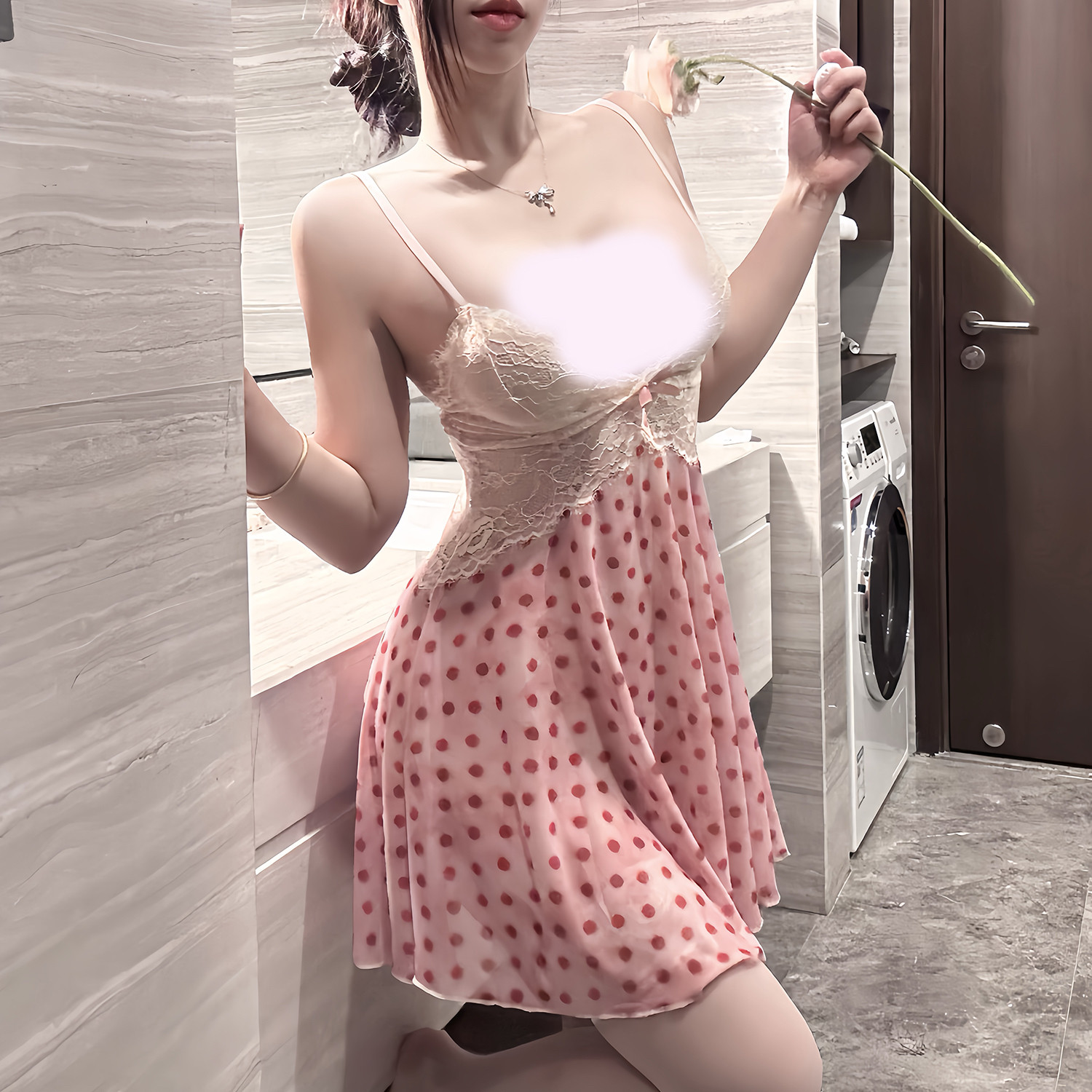 香草甜心~粉色慵懒露背吊带波点睡裙性感豹纹魅力气质连衣裙套装