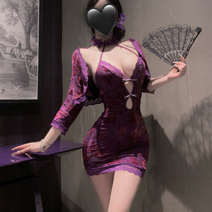 氛围感御姐包臀裙性感纯欲蝴蝶印花连衣裙女套装 微醺紫色 新中式