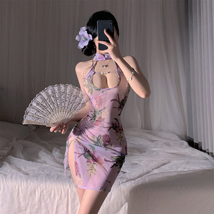 禁欲系国风包臀旗袍性感御姐睡裙高开叉挂脖纯欲睡衣女 媚色撩人