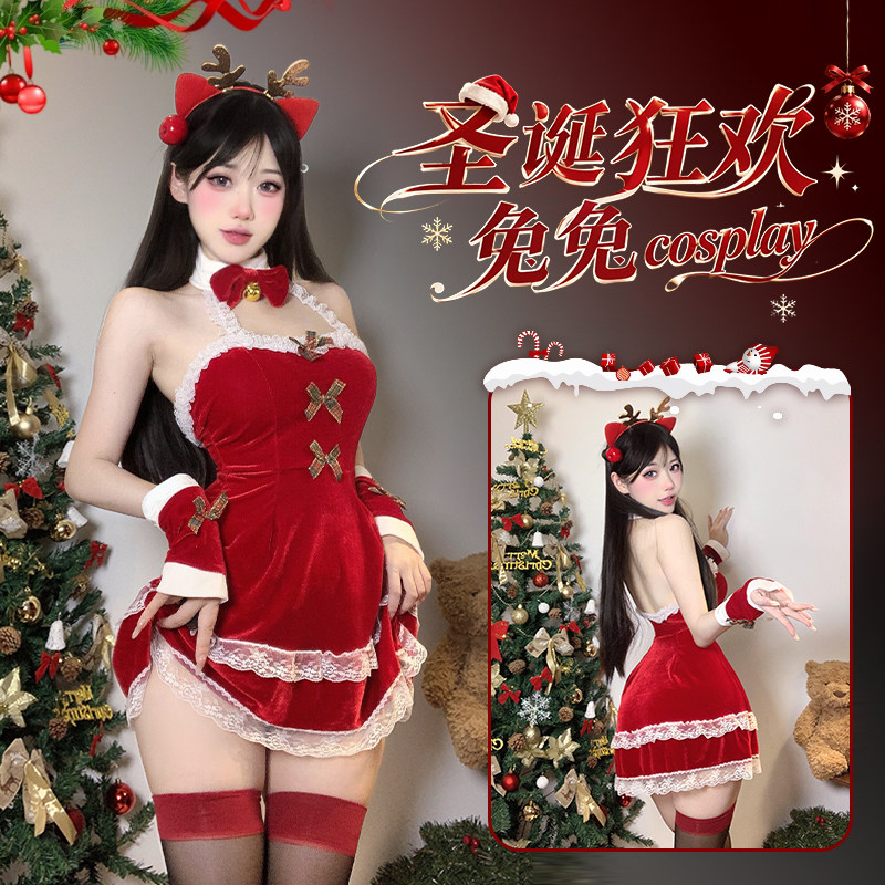 俏皮精灵*圣诞战袍挂脖抹胸露背连衣裙氛围感红色新年制服套装cos