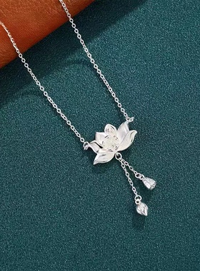 S990银好运连连女两世欢莲花项链国风雾霾蓝编织绳吊坠送女友礼物