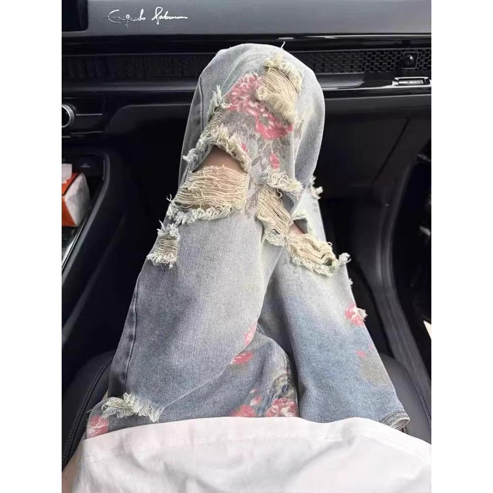 美式高街花卉破洞牛仔裤男款夏季高级感显瘦裤子玫瑰满印直筒长裤