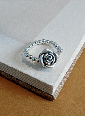 足银999玫瑰花珠珠戒指手工立体双面图案花开富贵复古做旧工艺