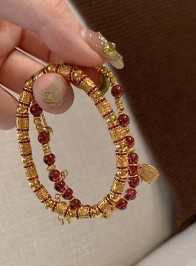 v金版本真金电镀六字真言路路通镶钻圆珠手链复古民族风弹力手链