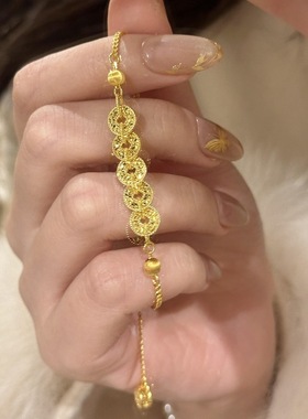 新款v金材质碎冰冰五帝币手链猫眼珠纳福中古气质伸缩珠精致