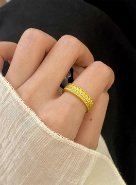 高品质v金材质不掉色越南沙金古法黄金色点钻麦穗戒指潮流高级