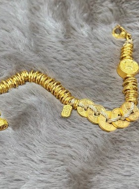 真金电镀五帝币盘缠手链复古民族风轻奢本命年转运手绳古法黄金色