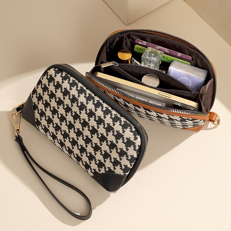 千鸟格零钱包手腕式防水可放手机大容量帆布手拿包气质钱包女款