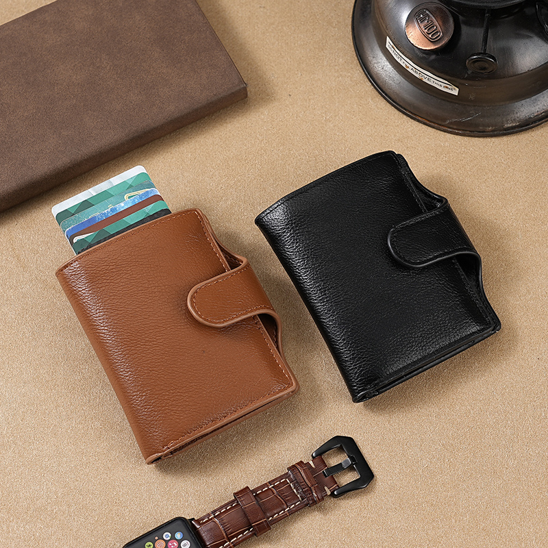 超薄真皮质感大容量男士钱包荔枝纹卡包自动弹出卡夹二合一零钱包