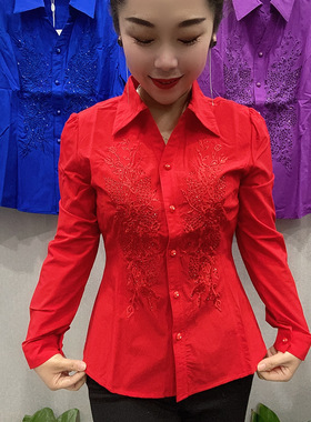 2026春秋新款中年翻领衬衫长袖上衣修身气质洋气大码女打底小衫