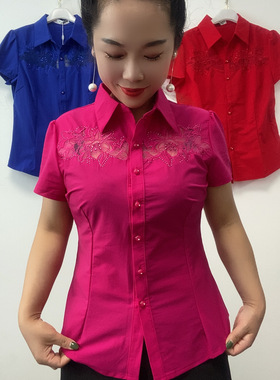 夏季新款刺绣时尚翻领衬衫短袖上衣气质洋气女修身打底短款小衫