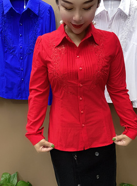 2026春秋新款翻领衬衫中年修身时尚打底小衫女刺绣气质洋气上衣