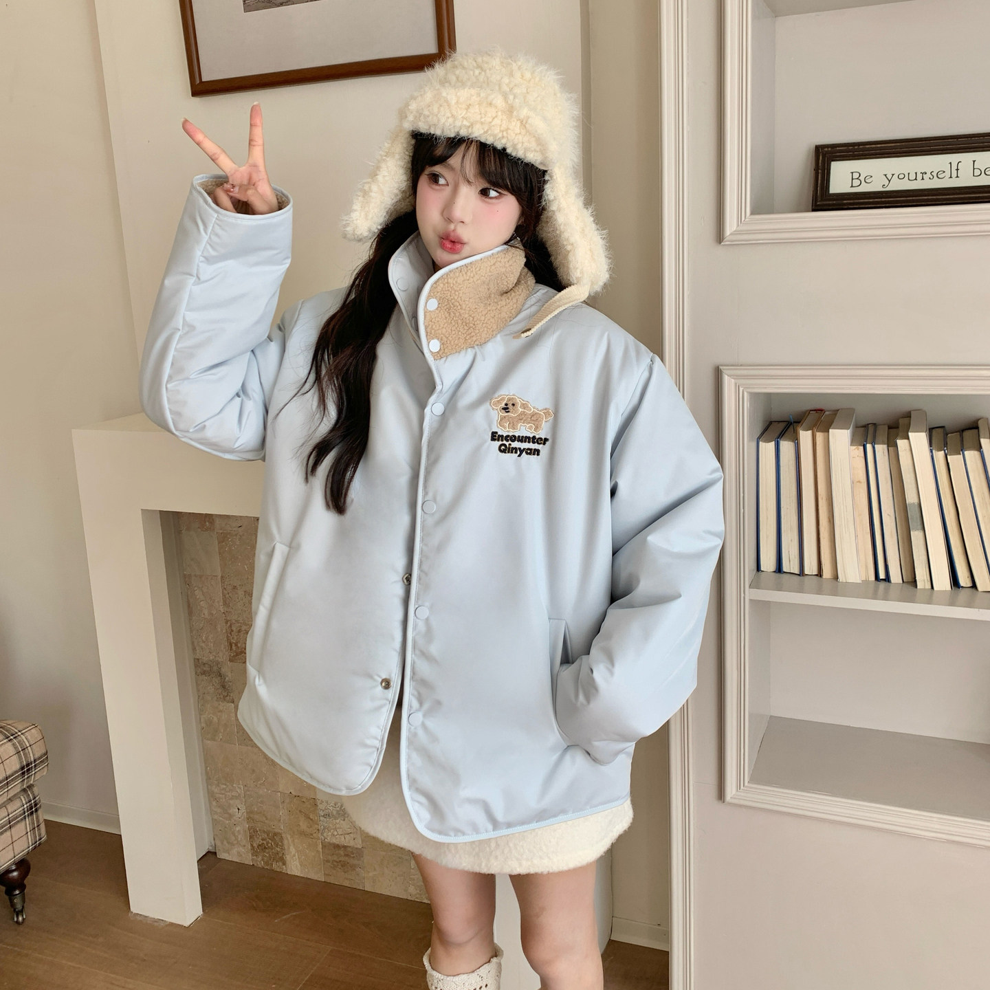 拼接棉服女两面穿羊羔毛可爱学生小个子韩系宽松夹克加厚棉衣外套
