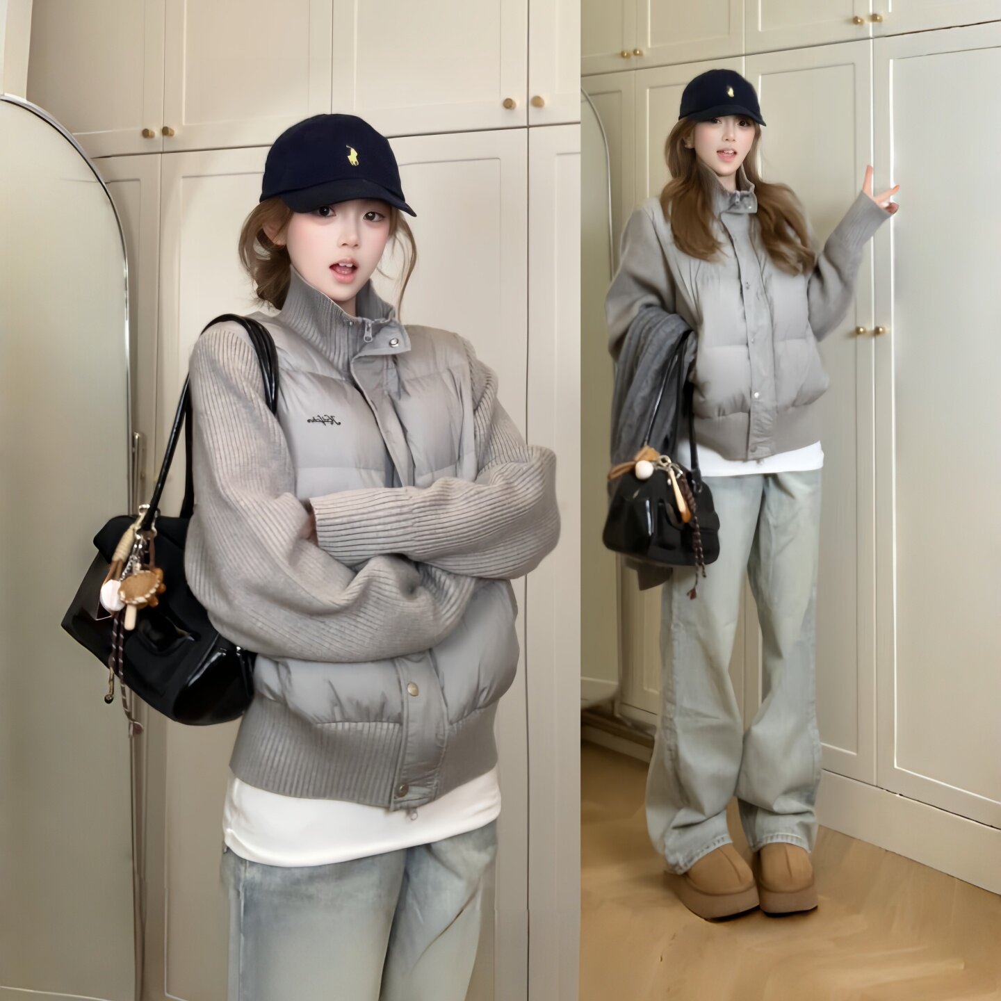 2026新款针织拼接棉服女复古冬季小个子保暖棉衣韩系加厚棉袄外套
