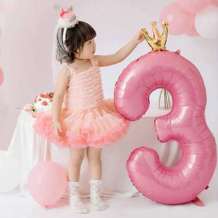 女孩宝宝女童2周岁生日快乐场景装 饰布置粉色皇冠生日数字气球356