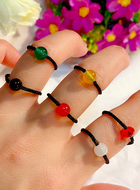 黑绳红玉石玛瑙珠子转运珠戒指